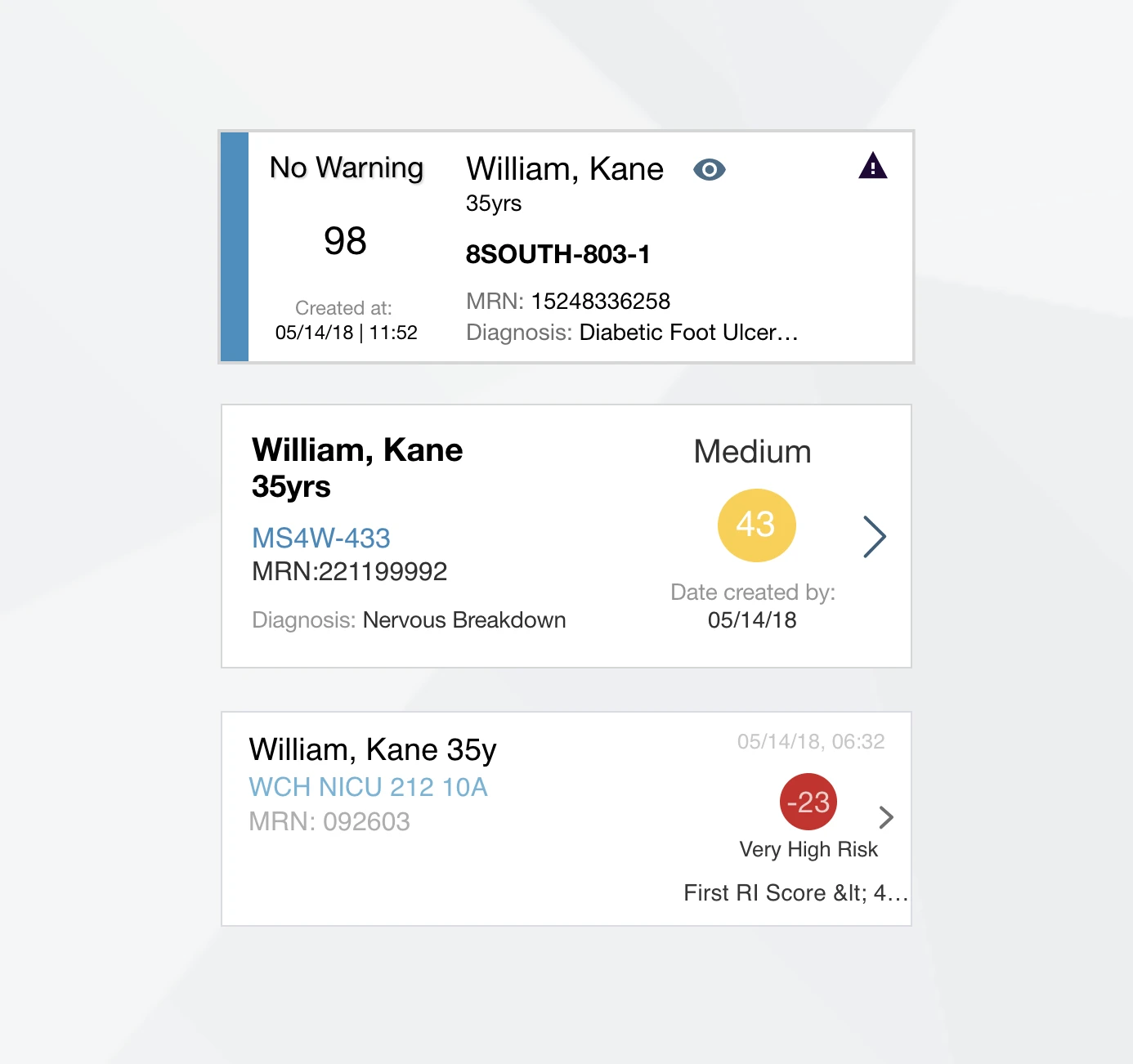 Rothman Index mobile patient list wireframe with color-coded acuity bands