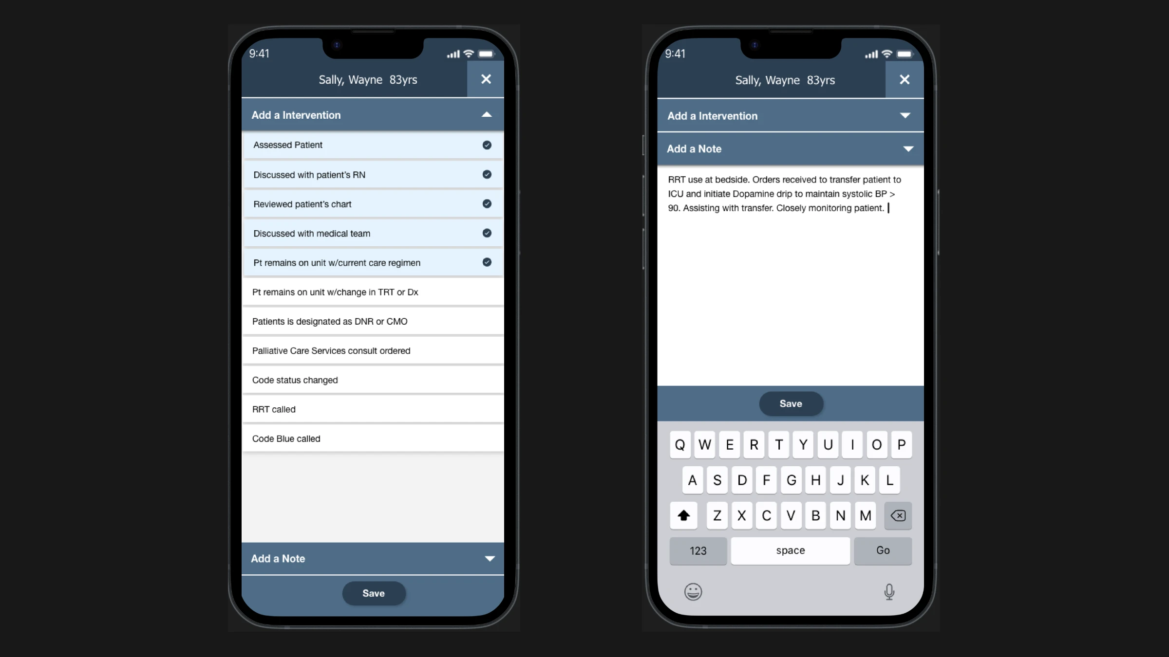 Rothman Index mobile app final intervention screen for one-tap triage and action recording