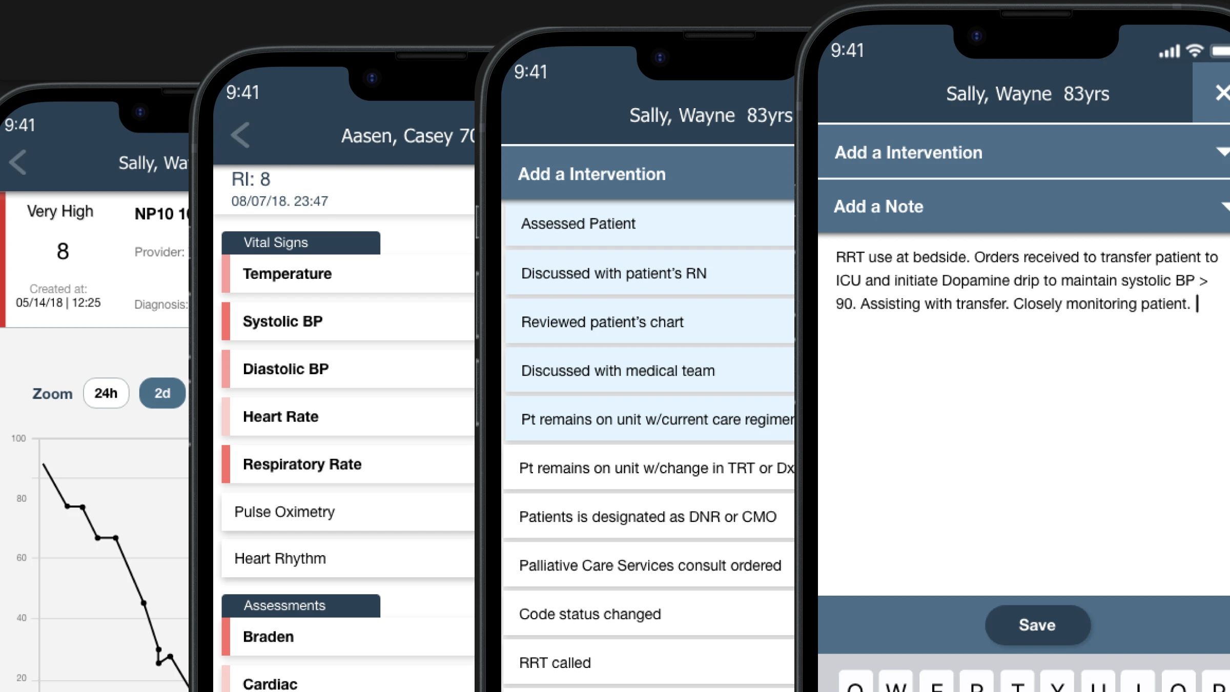 Rothman Index mobile app final patient detail screen with a 72-hour trend, notes, and history