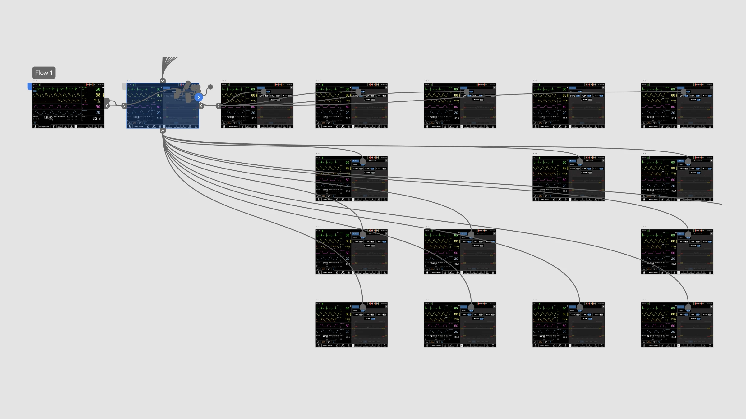 Rainer alarm notification wireframes showing severity tiers and testing states